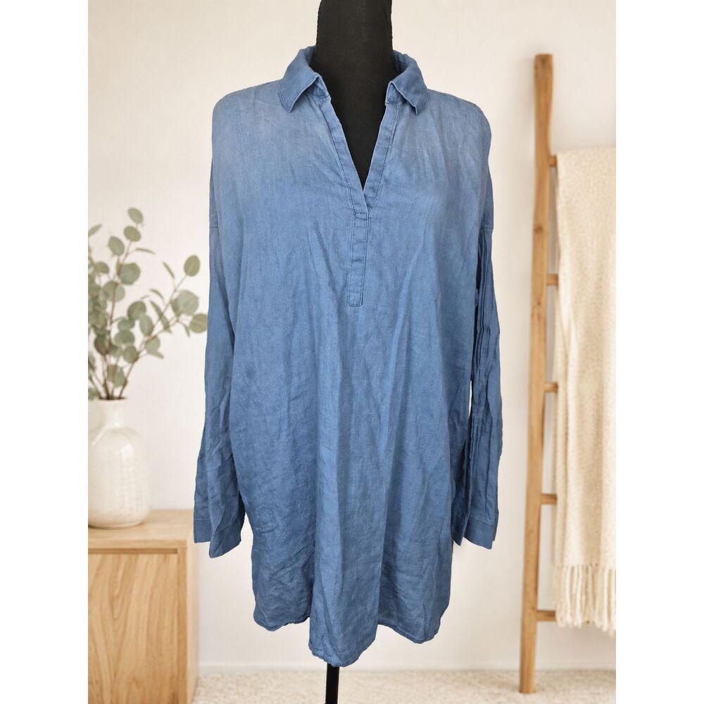 Pure Jill Indigo Cotton Chambray Ombré Tunic Popover Blouse Coastal Lagenlook